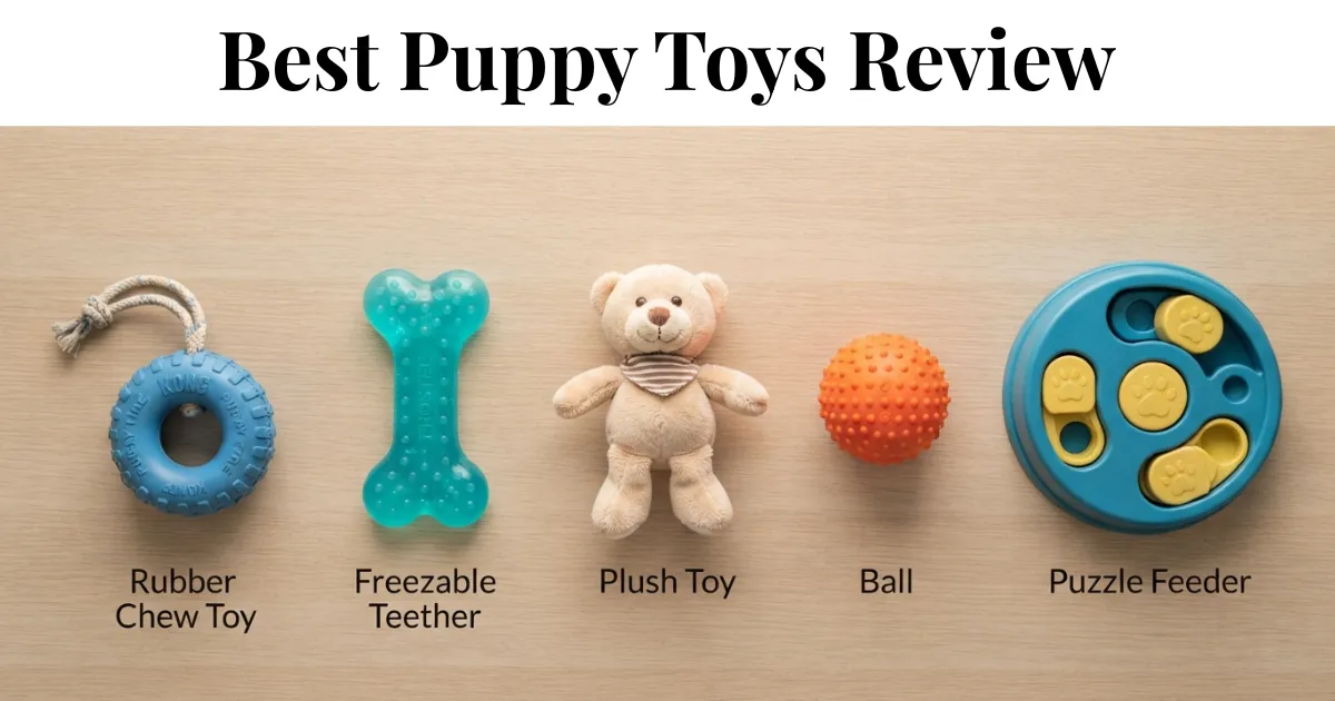 A five-toy puppy starter kit laid out, covering chew, teething, plush, fetch, and puzzle needs.