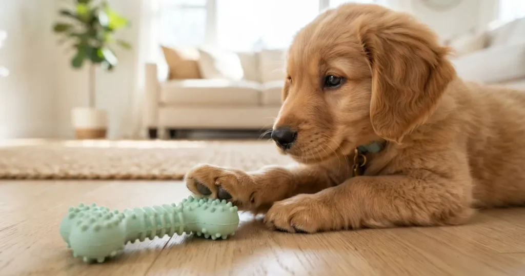 Best Teething Toys for Dogs: A textured nubbed rubber teether that massages a teething puppy's gums during chewing.