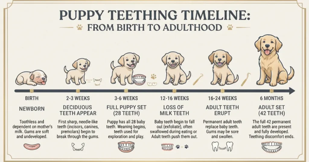 Best Teething Toys for Puppies: A timeline graphic of the puppy teething stages from baby teeth to adult teeth by six months.