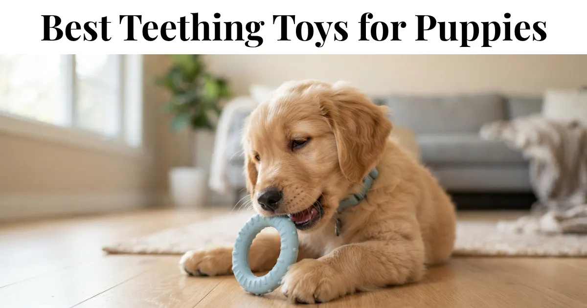 A golden retriever puppy chewing a soft teething toy to soothe its sore gums during teething.