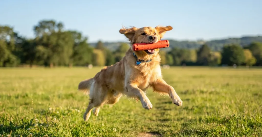 Best Toys for Golden Retrievers: A golden retriever leaping to catch a bright fetch bumper, showing its natural retrieving instinct.