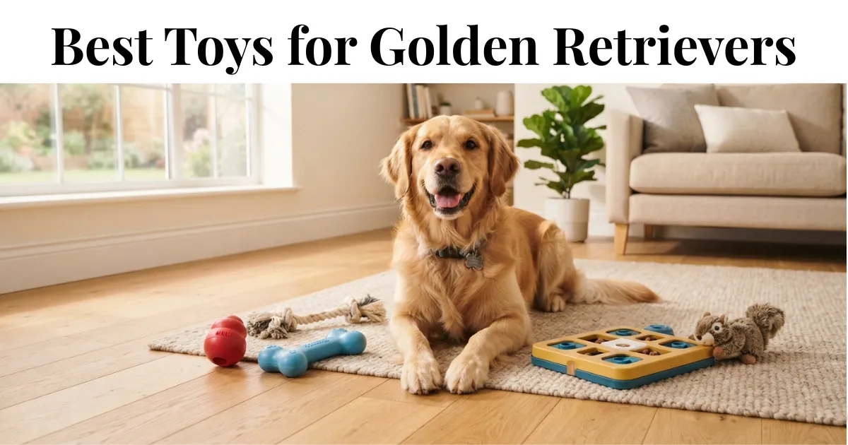 A golden retriever with a small variety of the best toy types, from a ball to a puzzle feeder.