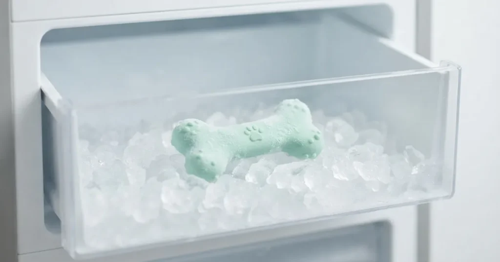 Chew Toys for Teething Puppies: A freezable teething toy being chilled in the freezer to soothe a teething puppy's sore gums.