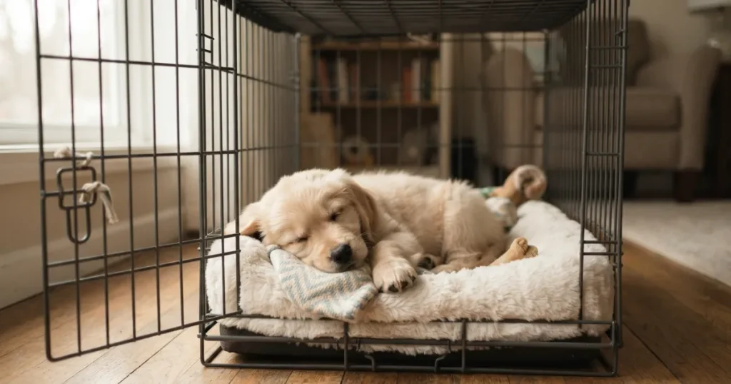 Puppy Schedule: An 8 week old golden retriever puppy napping in its crate, the default nap spot in a puppy schedule.