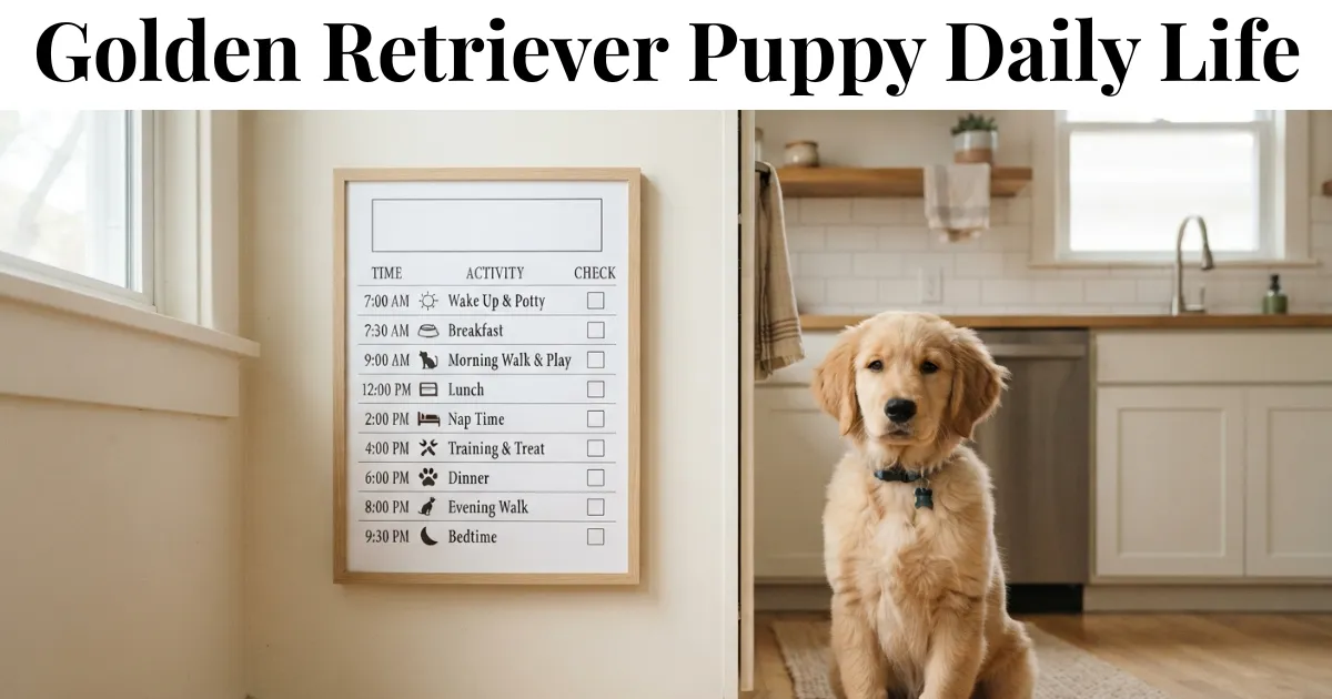 A golden retriever puppy beside a daily routine chart, showing why a puppy schedule matters.