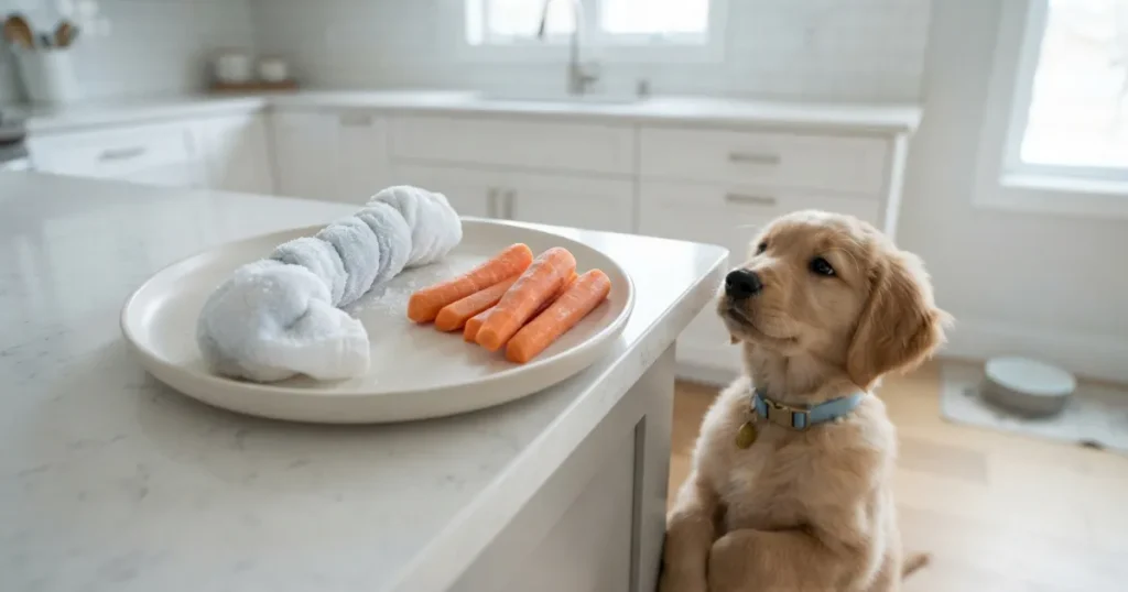 Good Toys for Teething Dogs: A frozen washcloth and chilled carrots used to soothe a teething puppy beyond toys.