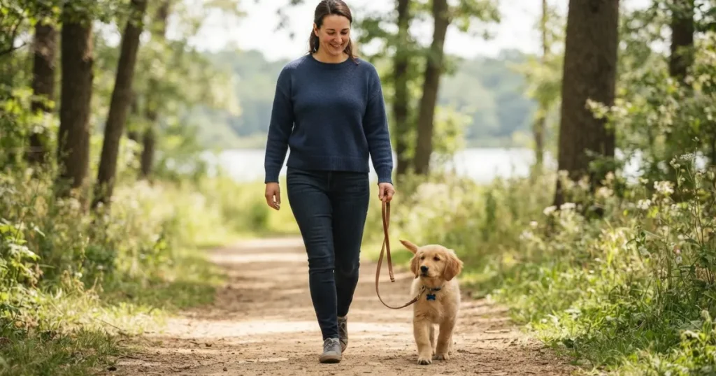 Puppy Obedience Training: A golden retriever practicing loose-leash walking, a key skill in the four to six month stage.