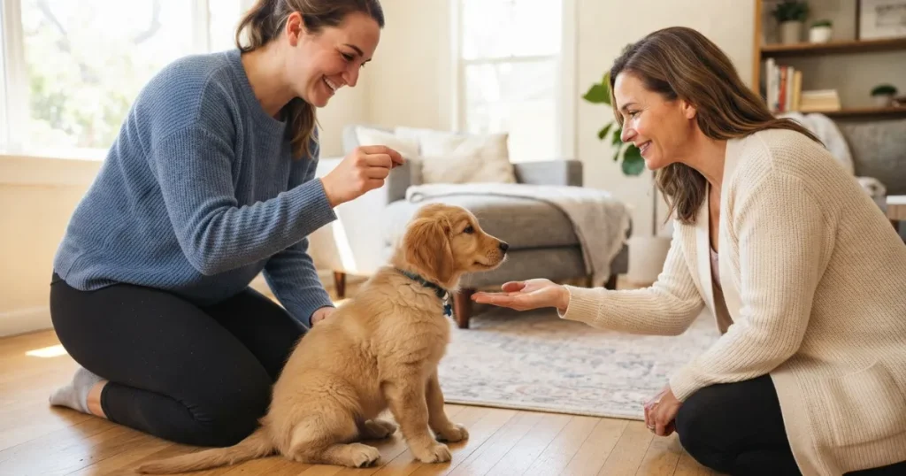 Puppy Obedience Training: A golden retriever puppy socializing and learning to sit during the key window before sixteen weeks.