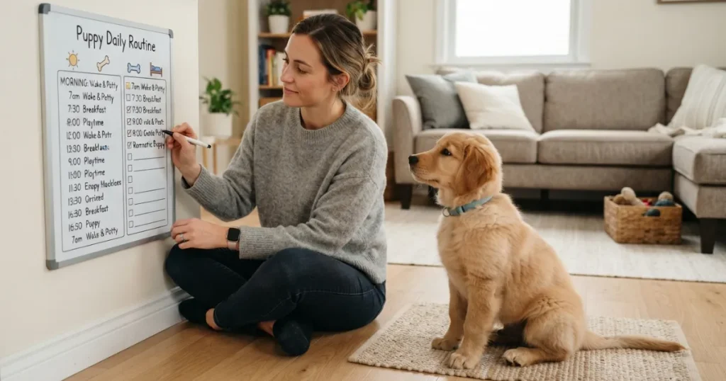 Puppy Schedule 8 Weeks: An owner following a puppy schedule chart to keep the daily routine consistent.