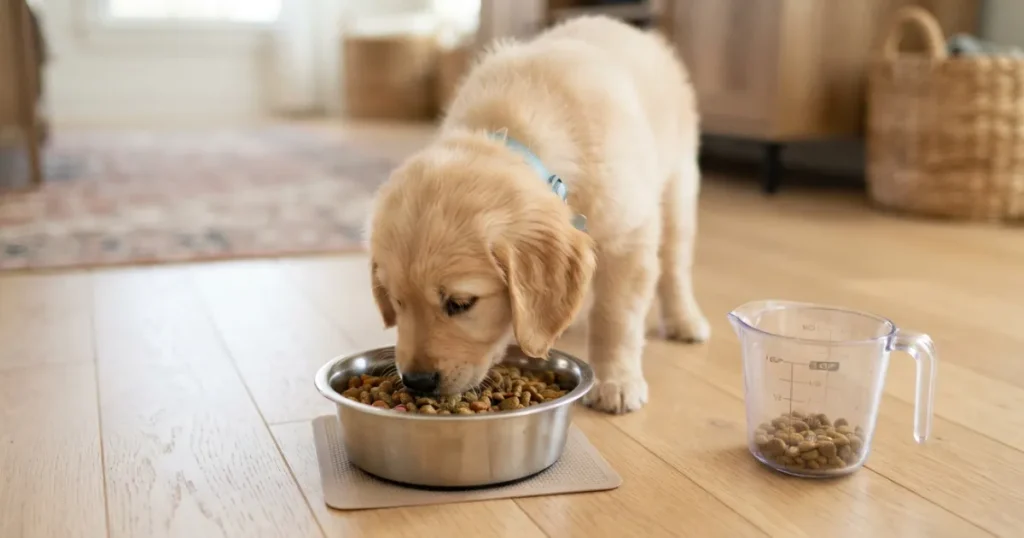 The Puppy Schedule 8 Weeks: An 8 week old golden retriever puppy eating a measured meal on a fixed feeding schedule.