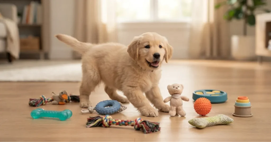 Puppy Toys: A golden retriever puppy with a small variety of the best puppy toys across categories.