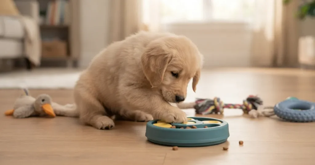 Best Puppy Toys Review: A golden retriever puppy working a treat-dispensing puzzle toy to tire its busy mind.