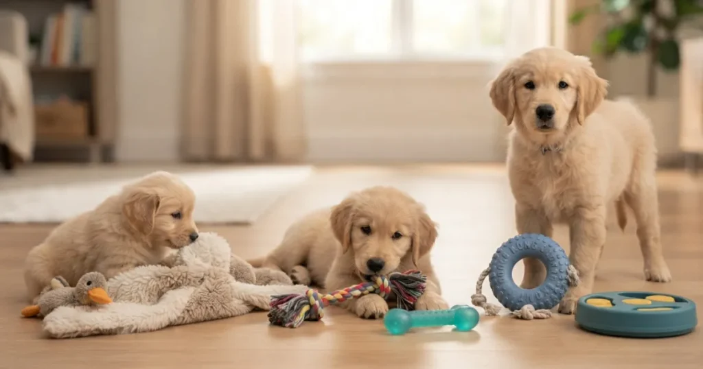 Puppy Toys for Puppies: Puppies of different ages each with a stage-appropriate toy, from soft to durable.
