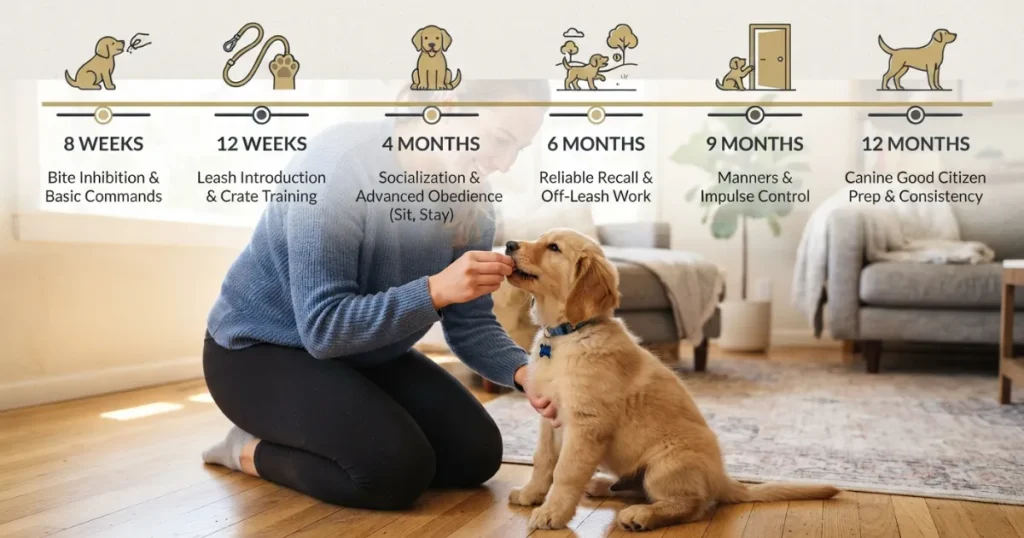 Puppy Training Schedule: A timeline graphic of a puppy training schedule by age from eight weeks to a year.