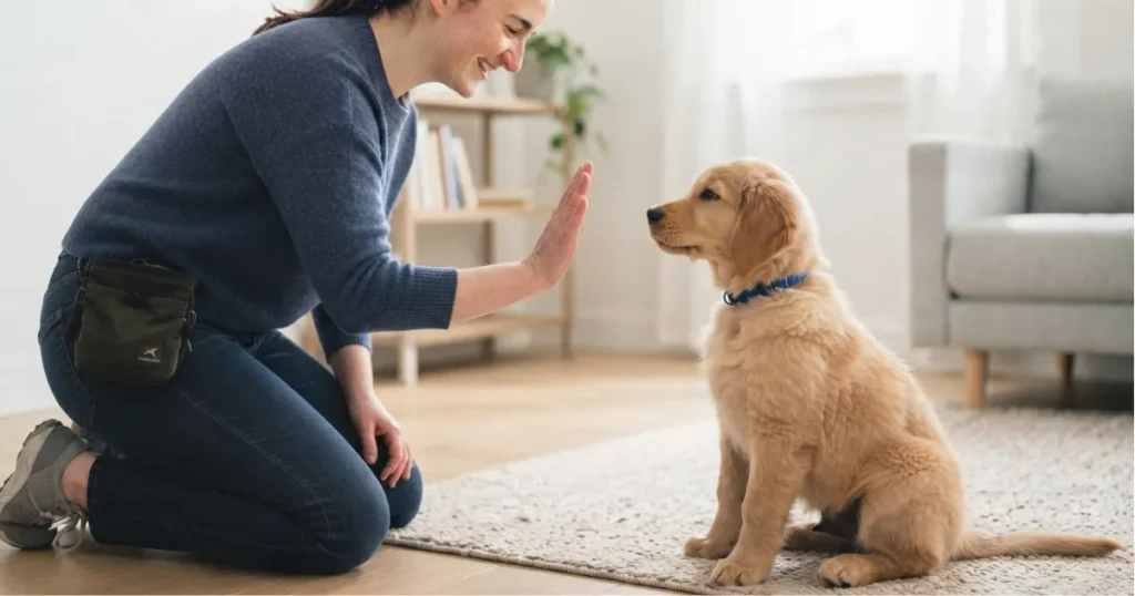 Puppy Training Schedule by Age: A golden retriever puppy responding to a sit cue during basic obedience training.