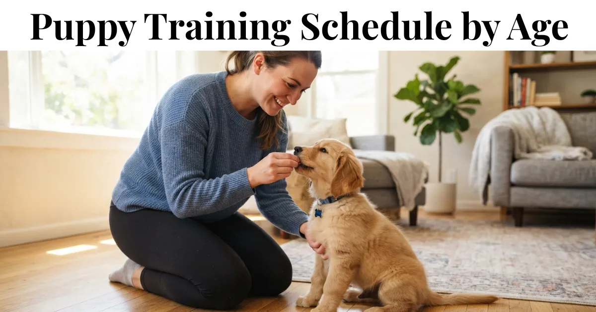 An owner reward-training a golden retriever puppy, the core of any puppy training schedule.