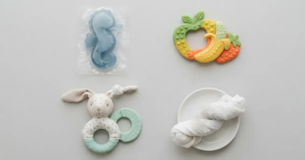 Teething Toys for Puppies: A flat-lay of the best teething toy types for puppies, from freezable rubber to a frozen washcloth.