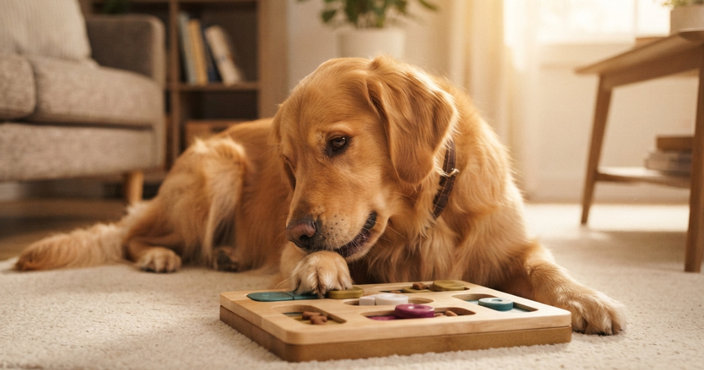 Toys for Dogs That Are Teething: A golden retriever happily working a treat-dispensing puzzle toy instead of chewing furniture, engaged and calm, warm indoor light. 