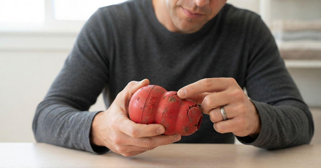 Toys for Dogs That Are Teething: An owner inspecting a worn chew toy for cracks, illustrating that no toy is truly indestructible.